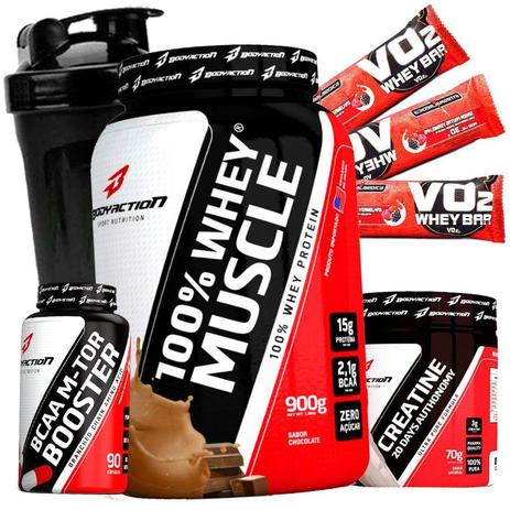 Combo kit BodyAction 100 Whey Muscle 900g Concentrado Bcaa M-tor 90caps Creatina Copo Shaker wey - Max titanium Menor preço em Combo kit BodyAction 100 Whey Muscle 900g Concentrado Bcaa M-tor 90caps Creatina Copo Shaker wey - Max titanium