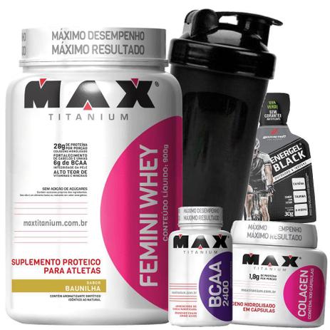 Combo Kit Femini Whey Protein Feminino + Bcaa + Colageno - Max Titanium Menor preço em Combo Kit Femini Whey Protein Feminino + Bcaa + Colageno - Max Titanium