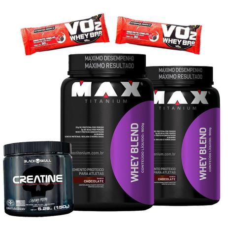 Combo kit Ganho de Massa muscular 2x Whey BLEND 900G cada Creatina 150g Barra Proteíca Max Titanium Menor preço em Combo kit Ganho de Massa muscular 2x Whey BLEND 900G cada Creatina 150g Barra Proteíca Max Titanium