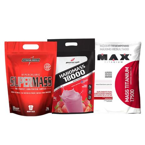 Combo kit Ganho de Peso 3x Hipercalorico 3kg cada Super Massa Hard Massa Mass Titanium 17500 - Integralmedica Menor preço em Combo kit Ganho de Peso 3x Hipercalorico 3kg cada Super Massa Hard Massa Mass Titanium 17500 - Integralmedica