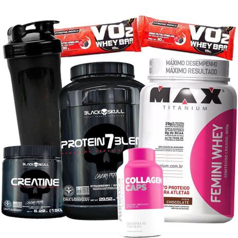 Combo kit Mulher Homem Casal Femini Whey Feminino + Whey Blend + Colageno + Creatina - Max titanium Menor preço em Combo kit Mulher Homem Casal Femini Whey Feminino + Whey Blend + Colageno + Creatina - Max titanium
