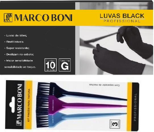 Combo kit profissional de tintura com 3 pinceis + 5 pares de luva black g em latex para processos quimicos marco boni Menor preço em Combo kit profissional de tintura com 3 pinceis + 5 pares de luva black g em latex para processos quimicos marco boni