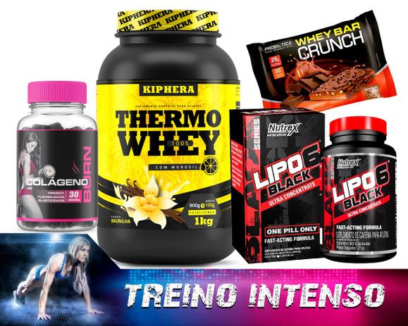 Combo lipo 6 black + thermo whey 1kg (chocolate) + colágeno burn 30 caps + whey bar crunch 70g (cookies) - Pandora Menor preço em Combo lipo 6 black + thermo whey 1kg (chocolate) + colágeno burn 30 caps + whey bar crunch 70g (cookies) - Pandora