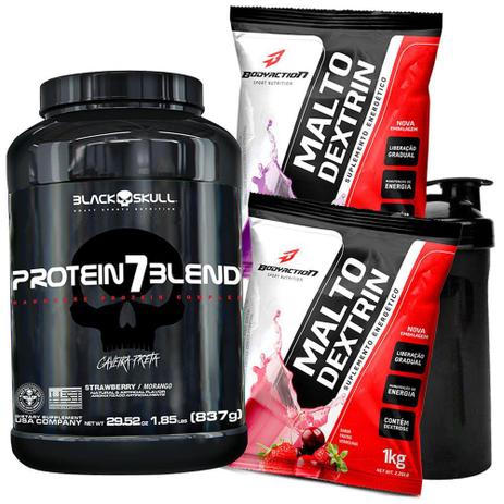 Combo mais energia e disposição - Whey Protein 7 Blend 837g 2x Maltodextrina 1kg Coqueteleira Copo - Black skull Menor preço em Combo mais energia e disposição - Whey Protein 7 Blend 837g 2x Maltodextrina 1kg Coqueteleira Copo - Black skull