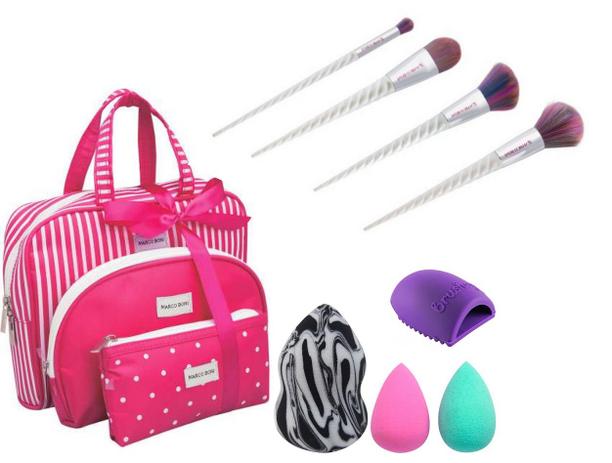 Combo make 3 un necessaire rosa p m g + 4 pinceis unicornio + limpador de pinceis + kit 3 esponjas gota marco boni Menor preço em Combo make 3 un necessaire rosa p m g + 4 pinceis unicornio + limpador de pinceis + kit 3 esponjas gota marco boni