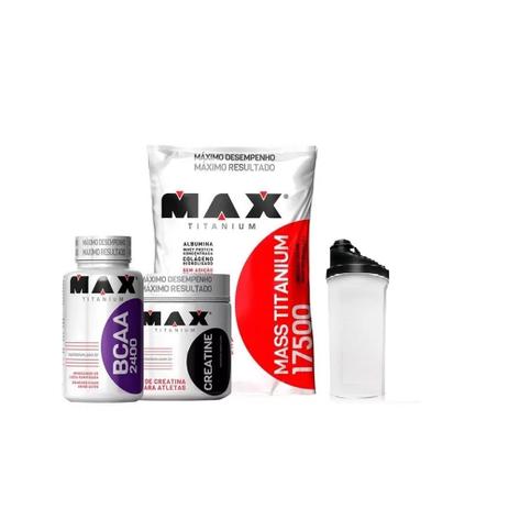 Combo Mass Titanium 3kg, BCAA 100 caps, Creatina 150g e Coq. - Sabor: Leite Condensado - Max titanium é boa?