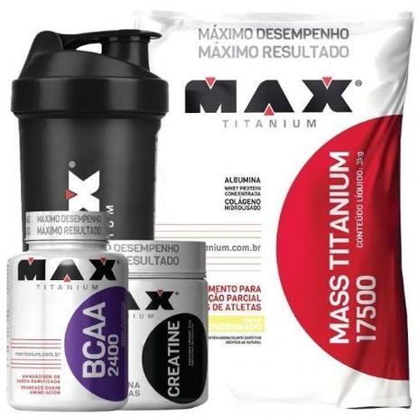 Combo Mass Titanium 3Kg Chocolate + Bcaa 100 Caps + Creatina 150g + Coque - Max Titanium Menor preço em Combo Mass Titanium 3Kg Chocolate + Bcaa 100 Caps + Creatina 150g + Coque - Max Titanium