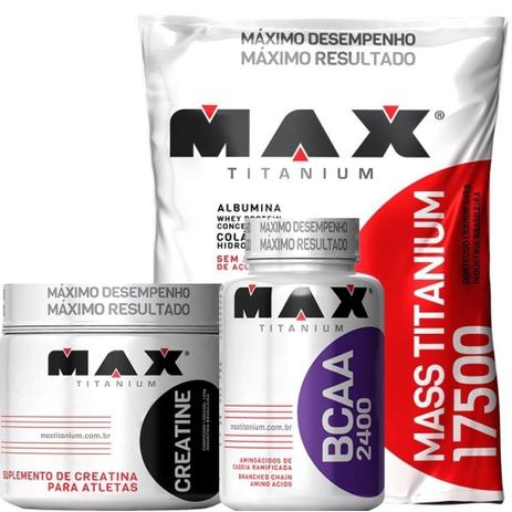Combo Massa Muscular 17500 Max + Bcaa Max+ Creatina Max - Max titanium Menor preço em Combo Massa Muscular 17500 Max + Bcaa Max+ Creatina Max - Max titanium