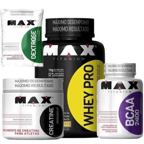 Combo Massa Muscular - Whey + Bcaa + Creatina + Dextrose Max - Max titanium Menor preço em Combo Massa Muscular - Whey + Bcaa + Creatina + Dextrose Max - Max titanium