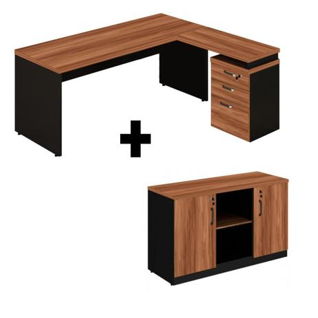Combo Mesa Escritório em "L" com Gavetão + Armário Escritório Credenza - WORKSTART - NOGAL SEVILHA / PRETO - 22475 - GEBBWORK Menor preço em Combo Mesa Escritório em "L" com Gavetão + Armário Escritório Credenza - WORKSTART - NOGAL SEVILHA / PRETO - 22475 - GEBBWORK
