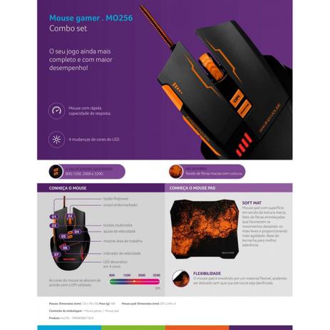 Combo Mouse e Mousepad Gamer Preto e Laranja - Multilaser MO256 Menor preço em Combo Mouse e Mousepad Gamer Preto e Laranja - Multilaser MO256