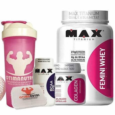 Combo Mulher Femini Whey 900g Baunilha + BCAA + Colageno + Porta Caps + Coqueteleira - Max Titanium Menor preço em Combo Mulher Femini Whey 900g Baunilha + BCAA + Colageno + Porta Caps + Coqueteleira - Max Titanium