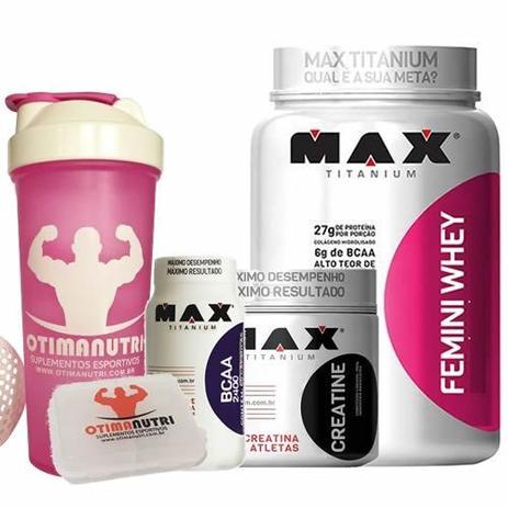 Combo Mulher Femini Whey 900g Baunilha + Creatina 150g + BCAA + Porta Caps + Coqueteleira - Max Titanium Menor preço em Combo Mulher Femini Whey 900g Baunilha + Creatina 150g + BCAA + Porta Caps + Coqueteleira - Max Titanium