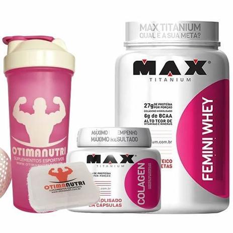 Combo Mulher Femini Whey 900g Chocolate + Colageno + Porta Caps + Coqueteleira - Max Titanium Menor preço em Combo Mulher Femini Whey 900g Chocolate + Colageno + Porta Caps + Coqueteleira - Max Titanium