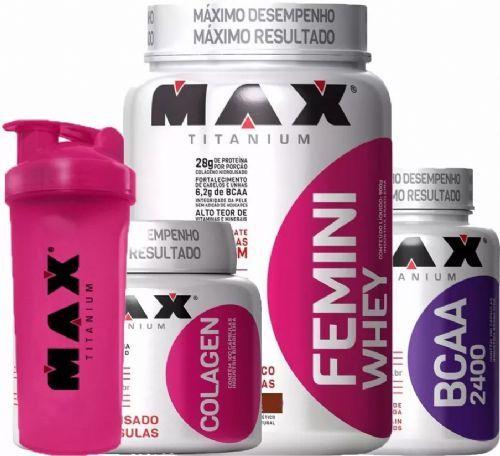Combo Mulher - Femini Whey Choc + Colageno + Bcaa - Max Titanium Menor preço em Combo Mulher - Femini Whey Choc + Colageno + Bcaa - Max Titanium