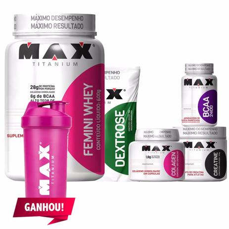 Combo Mulher - Femini Whey + Colageno + Bcaa - Max Titanium Menor preço em Combo Mulher - Femini Whey + Colageno + Bcaa - Max Titanium