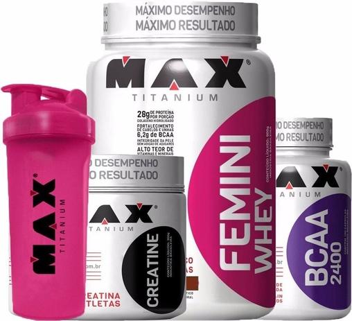 Combo Mulher - Femini Whey + Creatina + Bcaa - Max Titanium Menor preço em Combo Mulher - Femini Whey + Creatina + Bcaa - Max Titanium