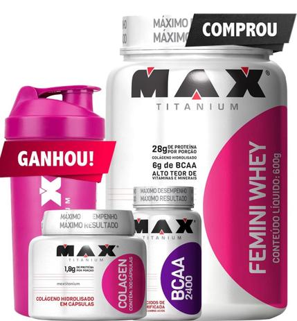 Combo Mulher Whey Protein + Bcaa + Colágeno Max Titanium Menor preço em Combo Mulher Whey Protein + Bcaa + Colágeno Max Titanium