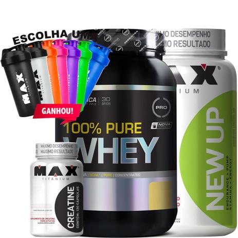 Combo New UP 100 Pure Whey Creatina Coqueteleira - Max titanium / probiótica Menor preço em Combo New UP 100 Pure Whey Creatina Coqueteleira - Max titanium / probiótica