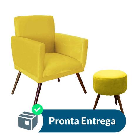 Combo Poltrona Decorativa Nina com Puff Redondo Pés Madeira Suede Amarelo - Combo estofados Menor preço em Combo Poltrona Decorativa Nina com Puff Redondo Pés Madeira Suede Amarelo - Combo estofados