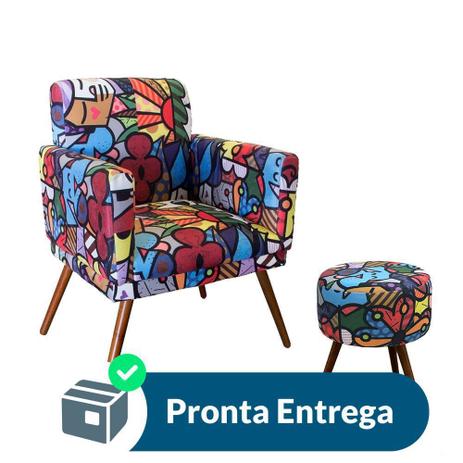 Combo Poltrona Decorativa Nina com Puff Redondo Pés Madeira Suede Romero Britto - Combo estofados Menor preço em Combo Poltrona Decorativa Nina com Puff Redondo Pés Madeira Suede Romero Britto - Combo estofados