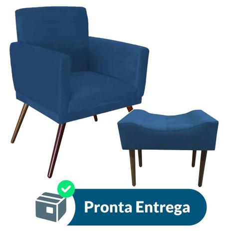 Combo Poltrona Decorativa Nina com Puff Retangular Pés Madeira Suede Azul Marinho - Combo estofados Menor preço em Combo Poltrona Decorativa Nina com Puff Retangular Pés Madeira Suede Azul Marinho - Combo estofados
