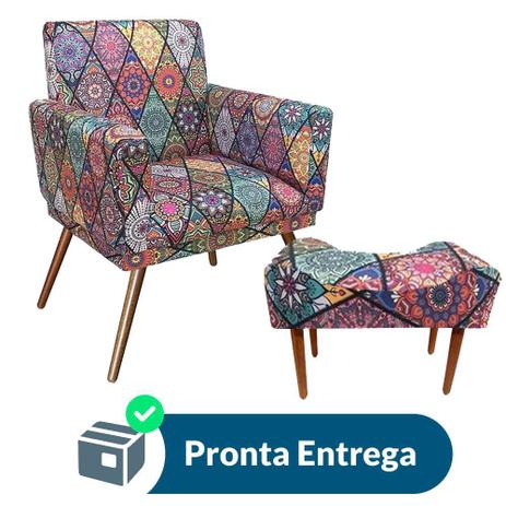 Combo Poltrona Decorativa Nina com Puff Retangular Pés Madeira Suede Mosaico - Combo estofados Menor preço em Combo Poltrona Decorativa Nina com Puff Retangular Pés Madeira Suede Mosaico - Combo estofados