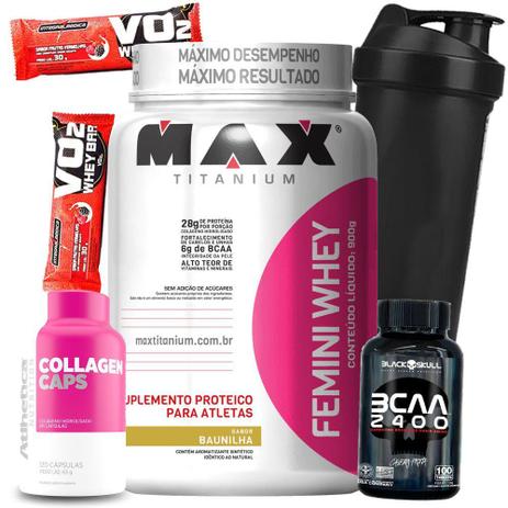 Combo Suplementos Mulher - Femini Whey Colageno Bcaa 2400 100caps Coqueteleira Shaker Barrinha wey - Max titanium Menor preço em Combo Suplementos Mulher - Femini Whey Colageno Bcaa 2400 100caps Coqueteleira Shaker Barrinha wey - Max titanium