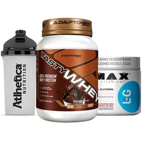 Combo Tasty Whey 2 LB Chocolate + Glutamina 300g Max +Bottle - K-fit Menor preço em Combo Tasty Whey 2 LB Chocolate + Glutamina 300g Max +Bottle - K-fit