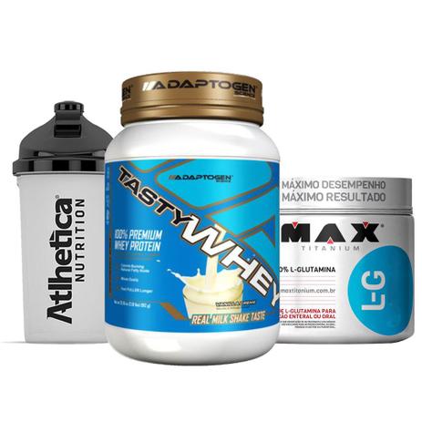 Combo Tasty Whey 2 LB Vanilla + Glutamina 300g Max + Bottle - K-fit Menor preço em Combo Tasty Whey 2 LB Vanilla + Glutamina 300g Max + Bottle - K-fit