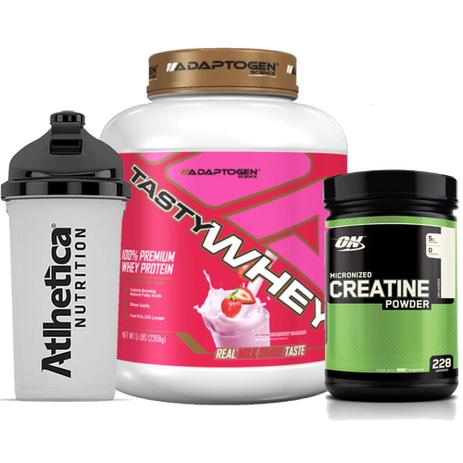 Combo Tasty Whey 5 LB Strawberry + Creatina 300g Op +Bottle - K-fit Menor preço em Combo Tasty Whey 5 LB Strawberry + Creatina 300g Op +Bottle - K-fit