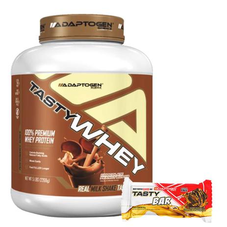 Combo Tasty Whey Chocolate P/ Butter 5Lbs + Tasty Bar 51g - Adaptogen Menor preço em Combo Tasty Whey Chocolate P/ Butter 5Lbs + Tasty Bar 51g - Adaptogen