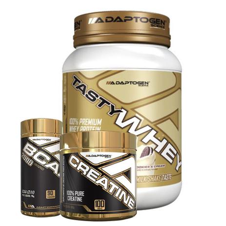 Combo Tasty Whey Cookies 2 LBS + Bcaa 90 Caps + Creatina - Adaptogen Menor preço em Combo Tasty Whey Cookies 2 LBS + Bcaa 90 Caps + Creatina - Adaptogen