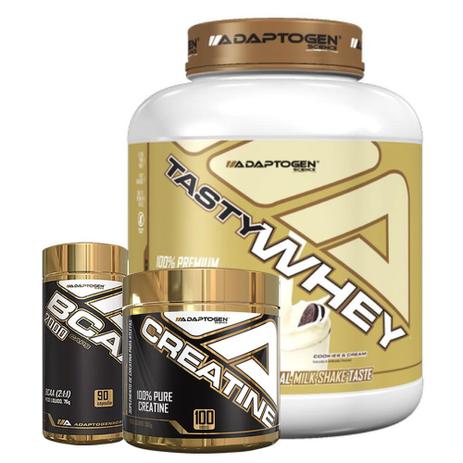 Combo Tasty Whey Cookies 5 LBS + Bcaa 90 Caps + Creatina - Adaptogen Menor preço em Combo Tasty Whey Cookies 5 LBS + Bcaa 90 Caps + Creatina - Adaptogen