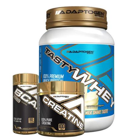 Combo Tasty Whey Vanilla 2 LBS + Bcaa 90 Caps + Creatina - Adaptogen Menor preço em Combo Tasty Whey Vanilla 2 LBS + Bcaa 90 Caps + Creatina - Adaptogen