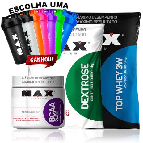 Combo Top Whey 3w 1,8kg + Dextrose + Bcaa 450 - Max Titanium Menor preço em Combo Top Whey 3w 1,8kg + Dextrose + Bcaa 450 - Max Titanium