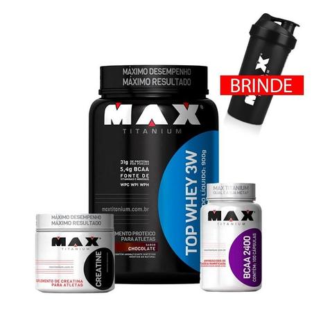 Combo Top Whey 3w 900g + Bcaa 100 Caps + Creatina 150g Max - Max titanium Menor preço em Combo Top Whey 3w 900g + Bcaa 100 Caps + Creatina 150g Max - Max titanium