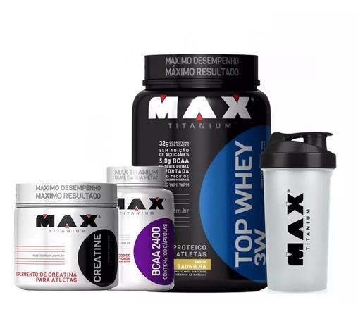 Combo Top Whey 3W 900g + BCAA 2400 100caps + Creatina 150g + Coq. - Max Titanium - Morango Menor preço em Combo Top Whey 3W 900g + BCAA 2400 100caps + Creatina 150g + Coq. - Max Titanium - Morango