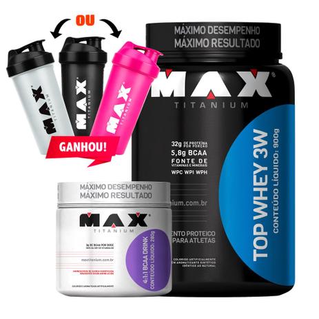 Combo Top Whey 3w 900g + Bcaa Drink 280g + Coq Max Ttianium - Max titanium Menor preço em Combo Top Whey 3w 900g + Bcaa Drink 280g + Coq Max Ttianium - Max titanium