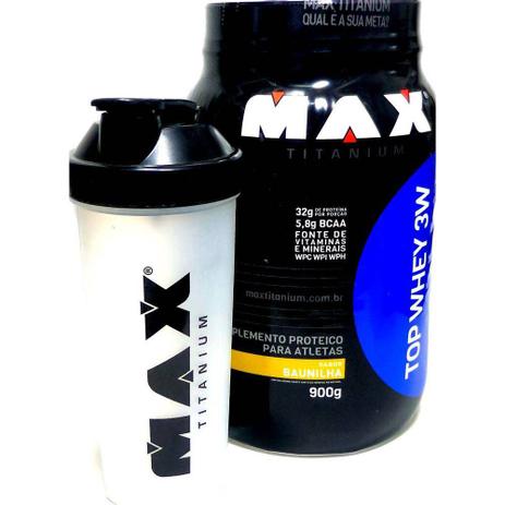 Combo Top Whey 3w 900g Max Titanium + coqueteleira Menor preço em Combo Top Whey 3w 900g Max Titanium + coqueteleira