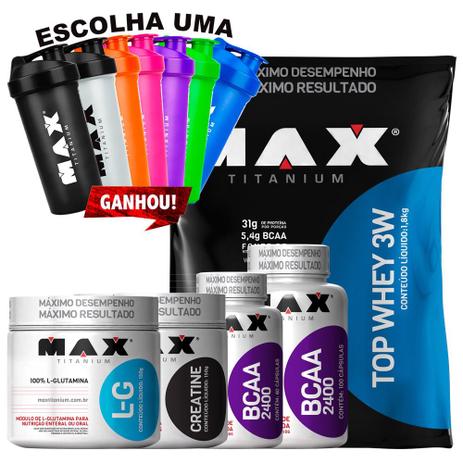 Combo Top Whey 3w + Bcaa + Creatina + Glutamina Max Titanium Menor preço em Combo Top Whey 3w + Bcaa + Creatina + Glutamina Max Titanium