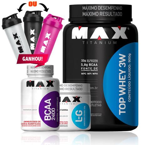 Combo Top Whey 3w Glutamina Bcaa Coq - Max Titanium Menor preço em Combo Top Whey 3w Glutamina Bcaa Coq - Max Titanium