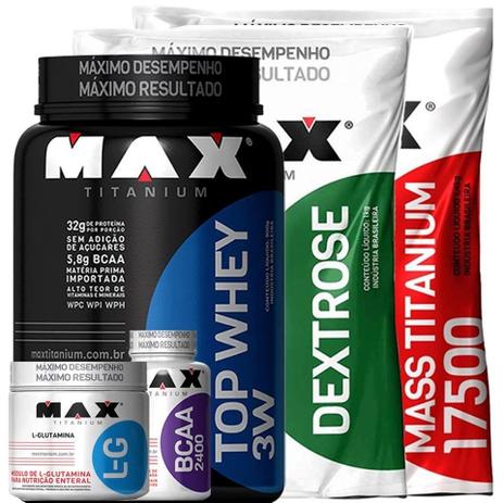 Combo Top Whey 3w+ Glutamina + Bcaa + Dextrose + Massa Max - Max titanium Menor preço em Combo Top Whey 3w+ Glutamina + Bcaa + Dextrose + Massa Max - Max titanium
