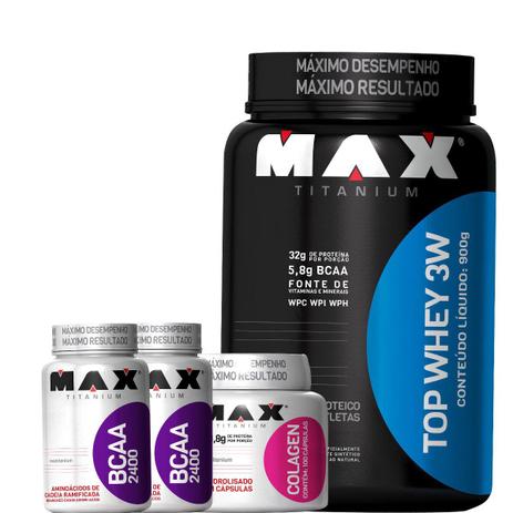 Combo Top Whey Protein 3w + Colágeno + 2 Bcaa - Max Titanium Menor preço em Combo Top Whey Protein 3w + Colágeno + 2 Bcaa - Max Titanium