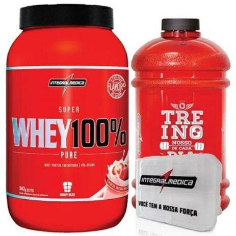 Combo Treino Top - Super Whey 100 Morango + Galão + Porta Cáps - Integralmédica - Integralmedica Menor preço em Combo Treino Top - Super Whey 100 Morango + Galão + Porta Cáps - Integralmédica - Integralmedica