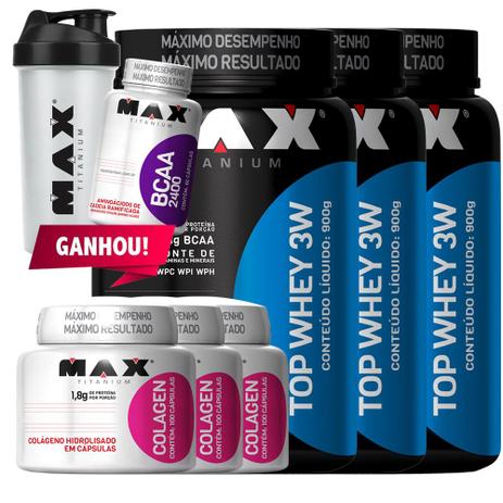 Combo Triplo 2 Top Whey 3w + 2x Colagen + Bcaa Coq Max Titanium Menor preço em Combo Triplo 2 Top Whey 3w + 2x Colagen + Bcaa Coq Max Titanium