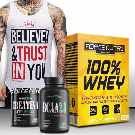 Combo Whey 2kg + bcaa + creatina 300gr + regata -baunilha - Force nutri Menor preço em Combo Whey 2kg + bcaa + creatina 300gr + regata -baunilha - Force nutri