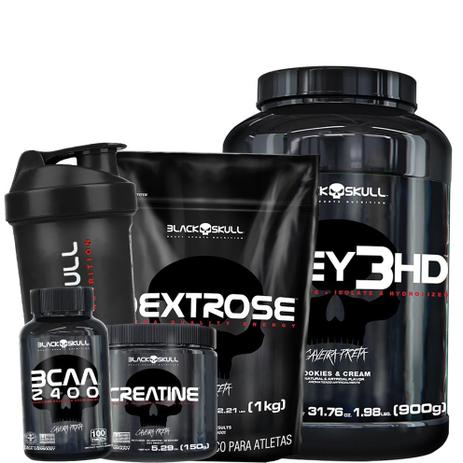 Combo Whey 3hd + Bcaa + Creatina + Dextrose - Black Skull Menor preço em Combo Whey 3hd + Bcaa + Creatina + Dextrose - Black Skull