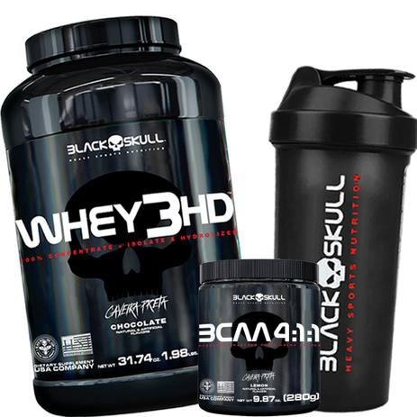 Combo Whey 3hd + Bcaa Em Pó + Caveira Preta - Black Skull Menor preço em Combo Whey 3hd + Bcaa Em Pó + Caveira Preta - Black Skull