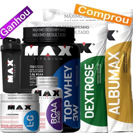 Combo Whey 3w + Glutamina + Bcaa + Dextrose + Albumax+brinde - Max titanium Menor preço em Combo Whey 3w + Glutamina + Bcaa + Dextrose + Albumax+brinde - Max titanium